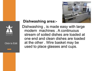 Click to Edit
Dishwashing area:-
Dishwashing , is made easy with large
modern machines . A continuous
stream of soiled dishes are loaded at
one end and clean dishes are loaded
at the other . Wire basket may be
used to place glasses and cups.
 