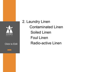 Click to Edit
2. Laundry Linen
Contaminated Linen
Soiled Linen
Foul Linen
Radio-active Linen
 