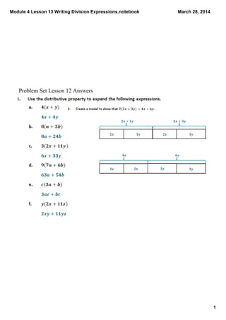 Module 4 Lesson 13 Writing Division Expressions.notebook
1
March 28, 2014
Problem Set Lesson 12 Answers
 