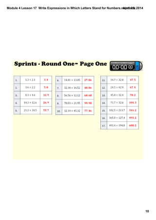 Module 4 Lesson 17  Write Expressions in Which Letters Stand for Numbers.notebook
10
April 02, 2014
Sprints ­ Round One~ Page One 
 