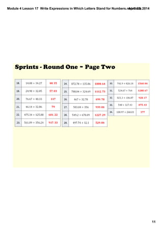 Module 4 Lesson 17  Write Expressions in Which Letters Stand for Numbers.notebook
11
April 02, 2014
Sprints ­ Round One ~ Page Two
 