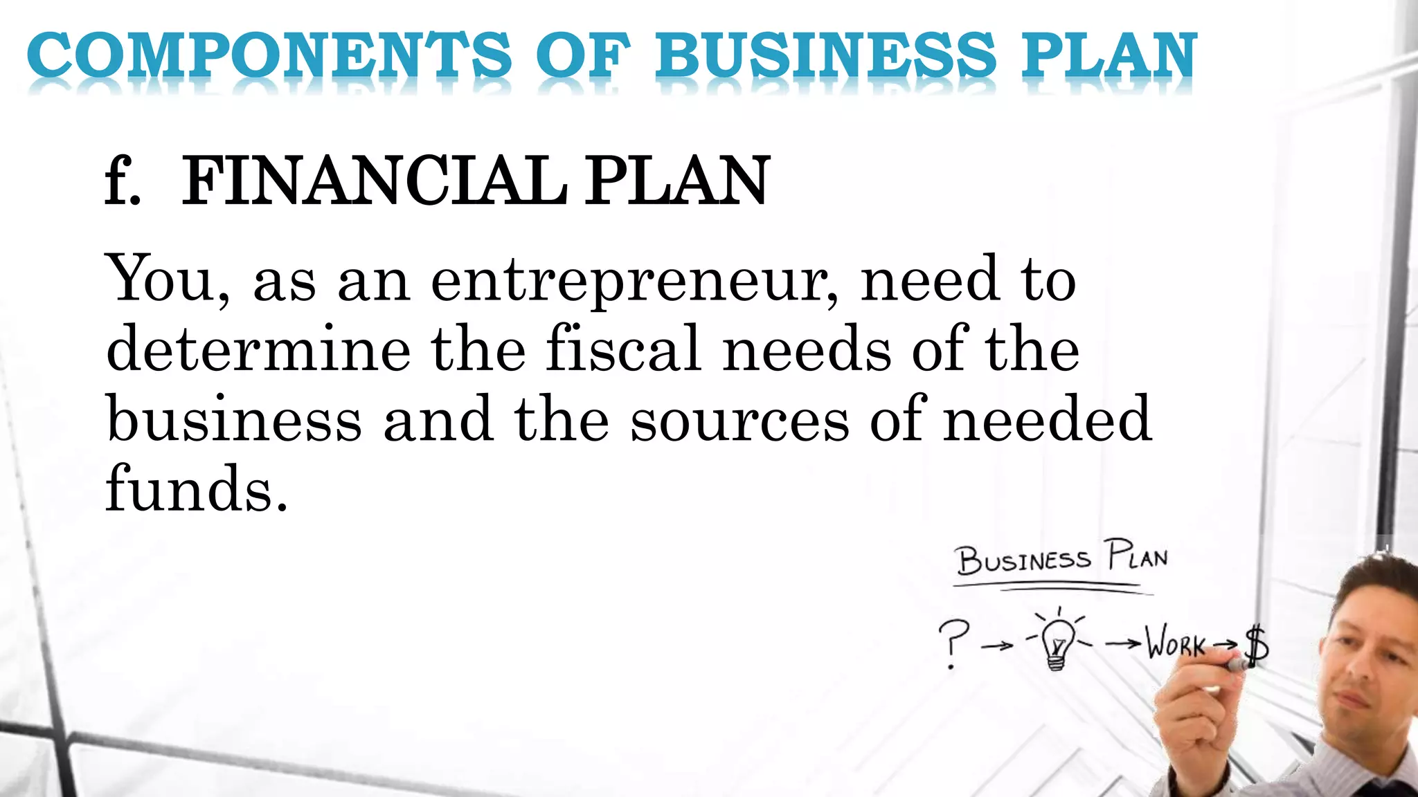 f. FINANCIAL PLAN
You, as an entrepreneur, need to
determine the fiscal needs of the
business and the sources of needed
funds.
COMPONENTS OF BUSINESS PLAN
 
