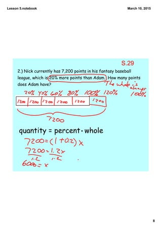 Lesson 5.notebook
8
March 10, 2015
2.) Nick currently has 7,200 points in his fantasy baseball
league, which is 20% more points than Adam. How many points
does Adam have?
quantity = percent whole
S.29
 