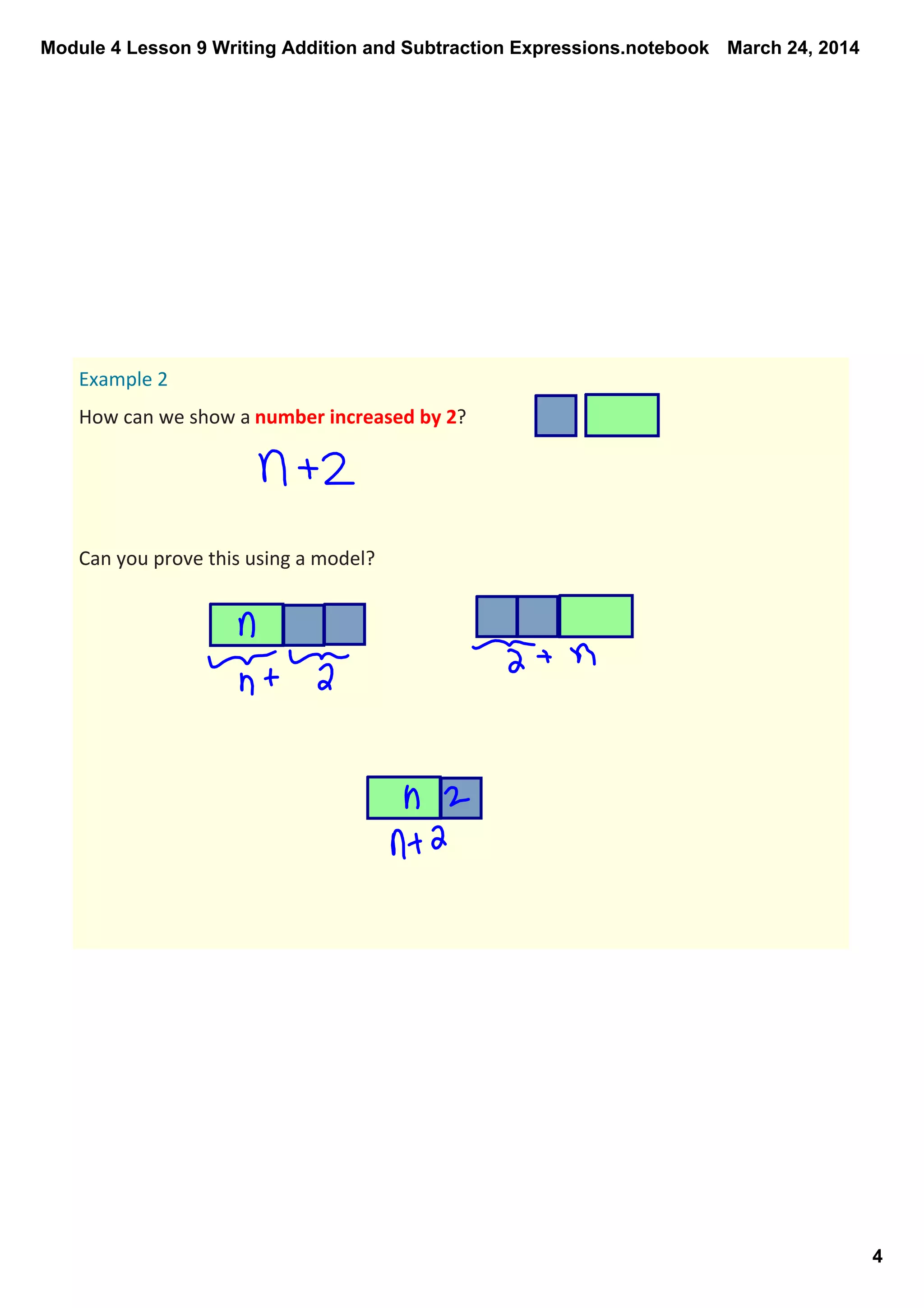 Module 4 Lesson 9 Writing Addition and Subtraction Expressions.notebook
4
March 24, 2014
Example 2
How can we show a number increased by 2?
Can you prove this using a model? 
 