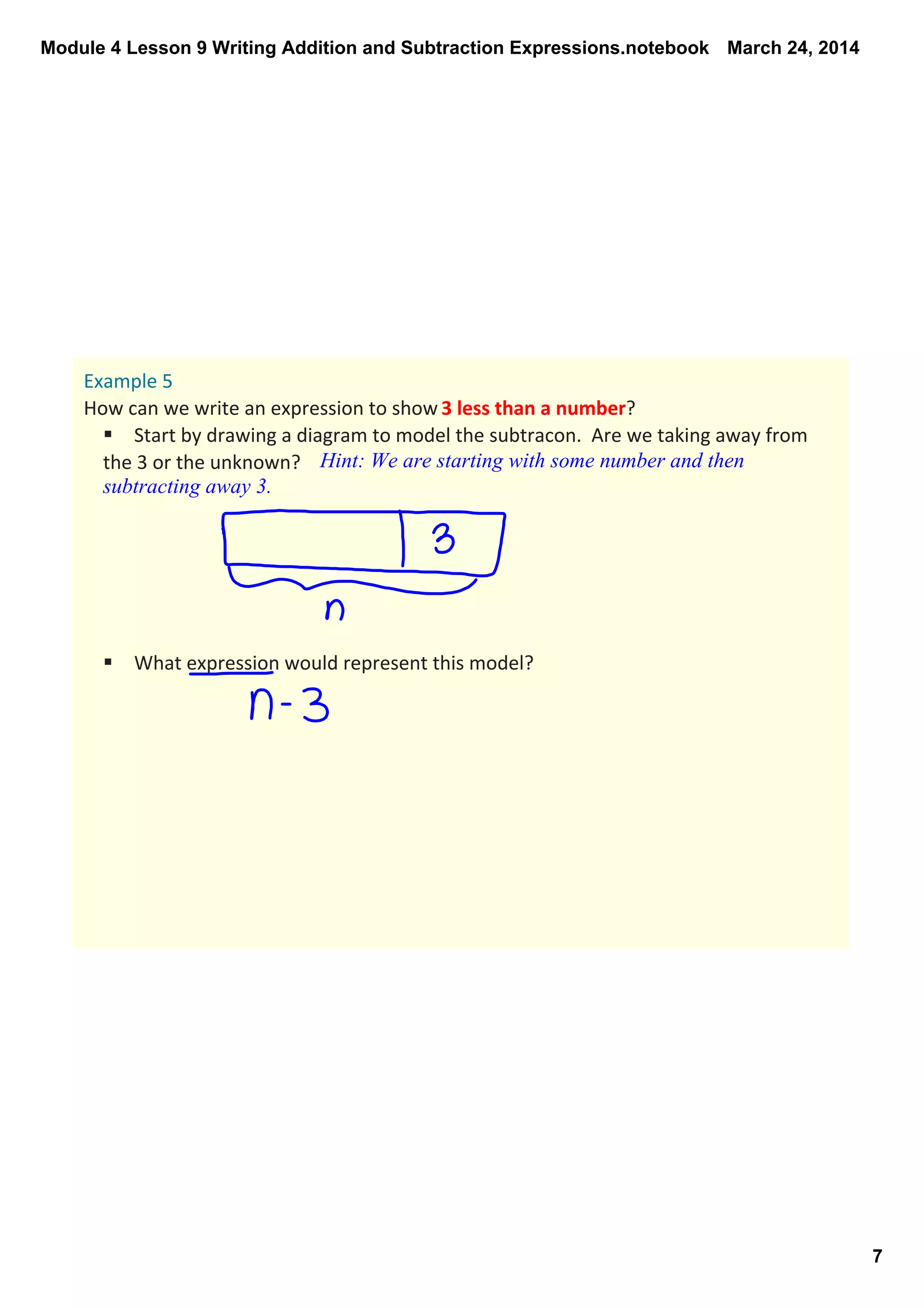 Module 4 Lesson 9 Writing Addition and Subtraction Expressions.notebook
7
March 24, 2014
Example 5
How can we write an expression to show 3 less than a number? 
§ Start by drawing a diagram to model the subtracon.  Are we taking away from 
the 3 or the unknown?    Hint: We are starting with some number and then 
subtracting away 3.
§ What expression would represent this model? 
 