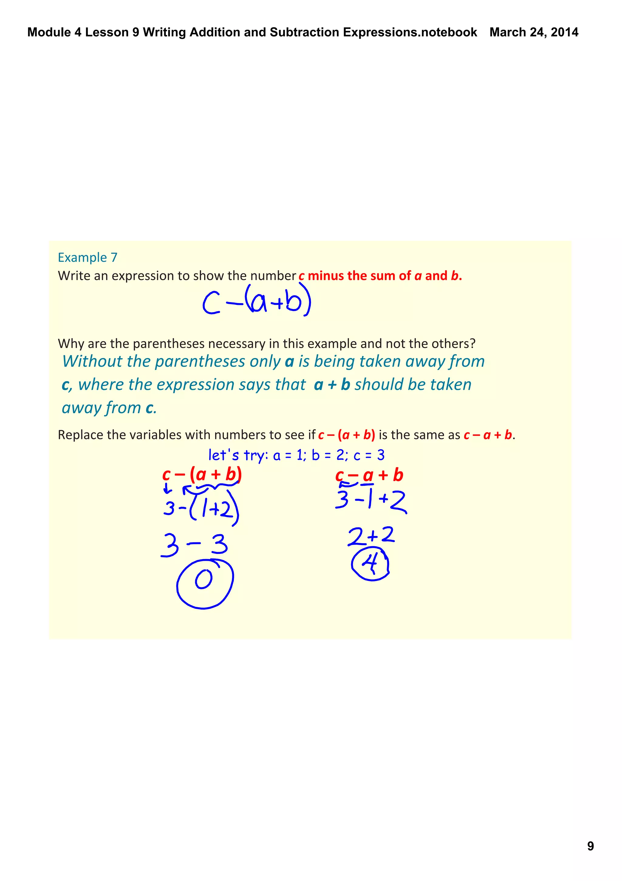 Module 4 Lesson 9 Writing Addition and Subtraction Expressions.notebook
9
March 24, 2014
Example 7
Write an expression to show the number c minus the sum of a and b. 
Why are the parentheses necessary in this example and not the others? 
Replace the variables with numbers to see if c – (a + b) is the same as c – a + b. 
let's try: a = 1; b = 2; c = 3
c – (a + b) c – a + b
Without the parentheses only a is being taken away from 
c, where the expression says that  a + b should be taken 
away from c.
 