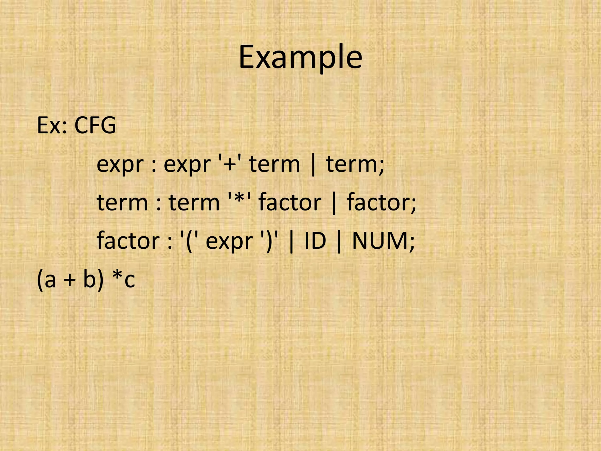 Example
Ex: CFG
expr : expr '+' term | term;
term : term '*' factor | factor;
factor : '(' expr ')' | ID | NUM;
(a + b) *c
 