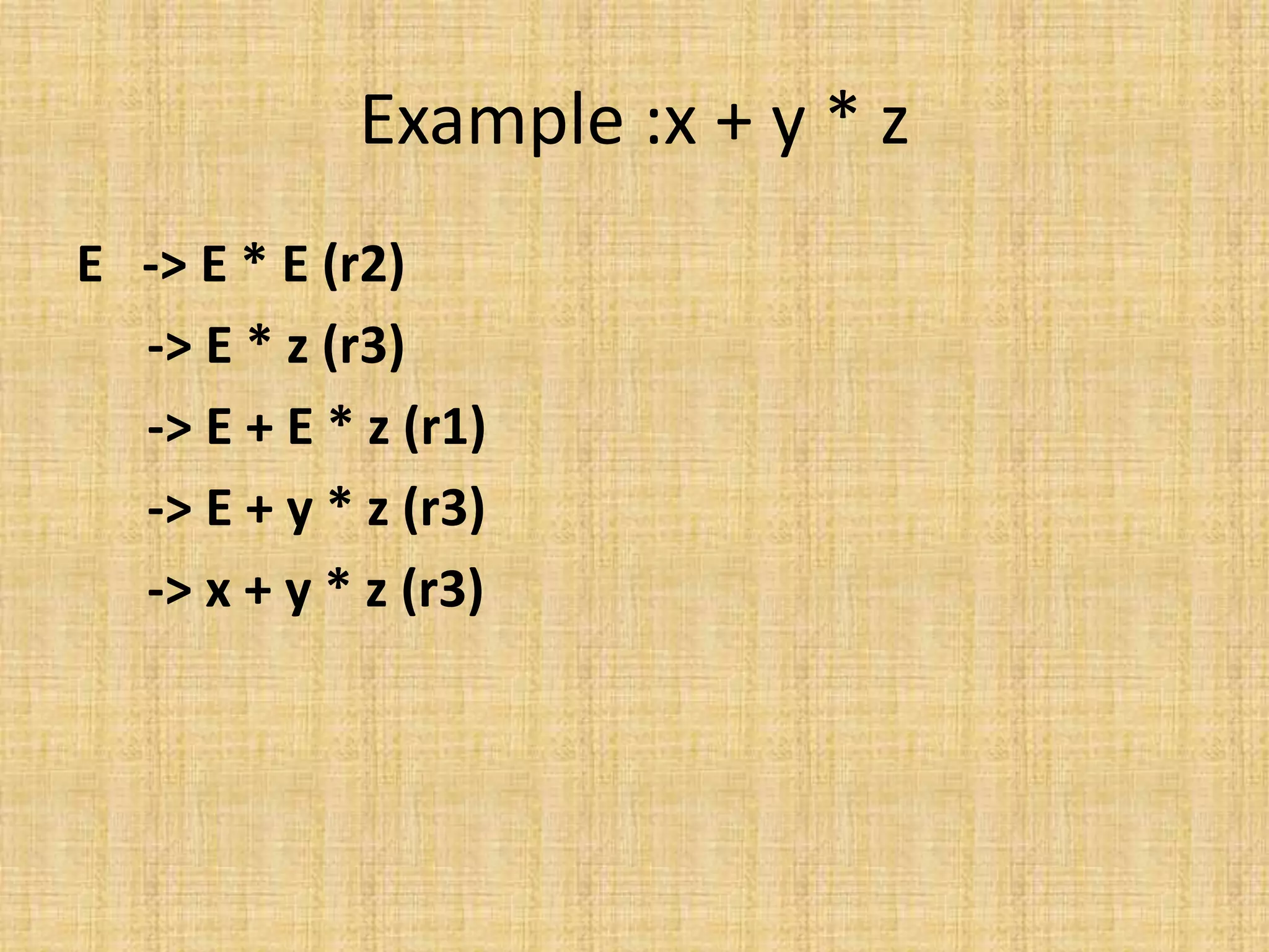 Example :x + y * z
E -> E * E (r2)
-> E * z (r3)
-> E + E * z (r1)
-> E + y * z (r3)
-> x + y * z (r3)
 