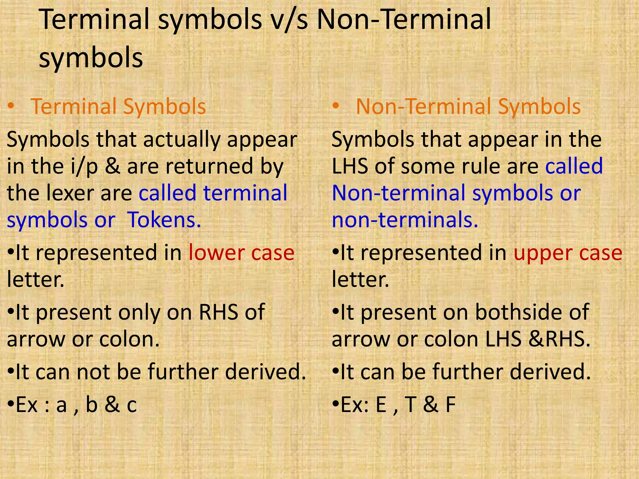 Terminal symbols v/s Non-Terminal
symbols
• Terminal Symbols
Symbols that actually appear
in the i/p & are returned by
the lexer are called terminal
symbols or Tokens.
•It represented in lower case
letter.
•It present only on RHS of
arrow or colon.
•It can not be further derived.
•Ex : a , b & c
• Non-Terminal Symbols
Symbols that appear in the
LHS of some rule are called
Non-terminal symbols or
non-terminals.
•It represented in upper case
letter.
•It present on bothside of
arrow or colon LHS &RHS.
•It can be further derived.
•Ex: E , T & F
 