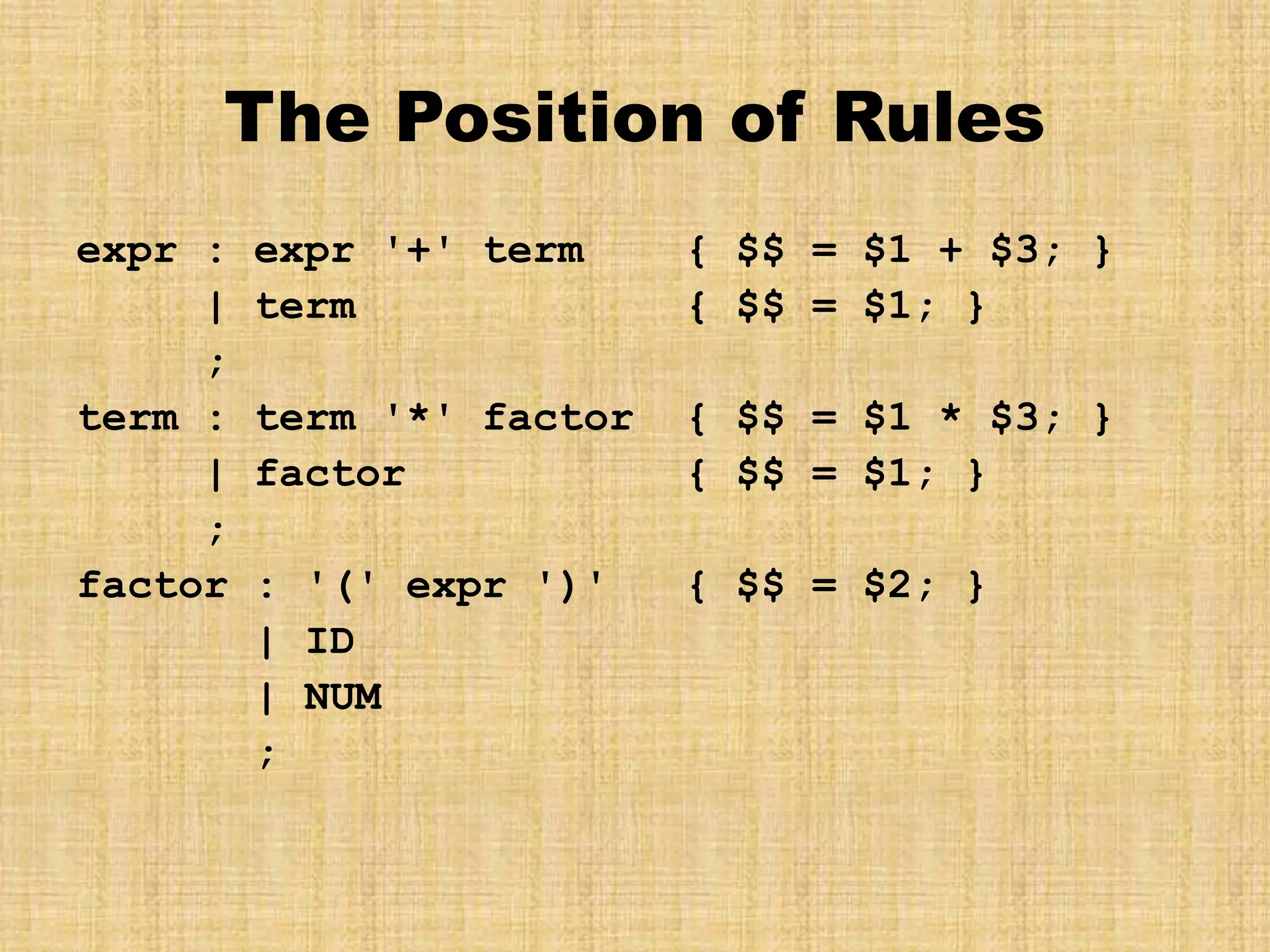 The Position of Rules
expr : expr '+' term { $$ = $1 + $3; }
| term { $$ = $1; }
;
term : term '*' factor { $$ = $1 * $3; }
| factor { $$ = $1; }
;
factor : '(' expr ')' { $$ = $2; }
| ID
| NUM
;
 