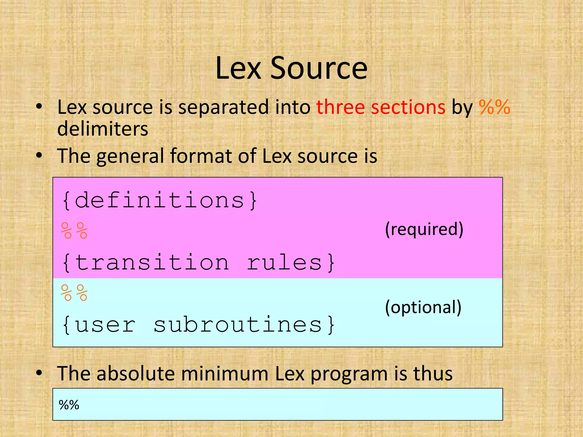 (optional)
(required)
Lex Source
• Lex source is separated into three sections by %%
delimiters
• The general format of Lex source is
• The absolute minimum Lex program is thus
{definitions}
%%
{transition rules}
%%
{user subroutines}
%%
 