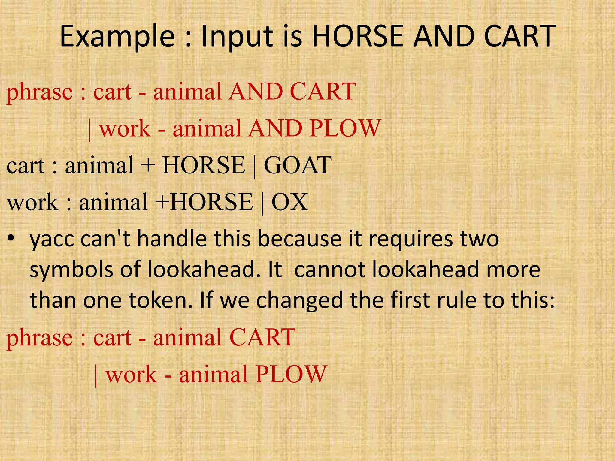 Example : Input is HORSE AND CART
phrase : cart - animal AND CART
| work - animal AND PLOW
cart : animal + HORSE | GOAT
work : animal +HORSE | OX
• yacc can't handle this because it requires two
symbols of lookahead. It cannot lookahead more
than one token. If we changed the first rule to this:
phrase : cart - animal CART
| work - animal PLOW
 