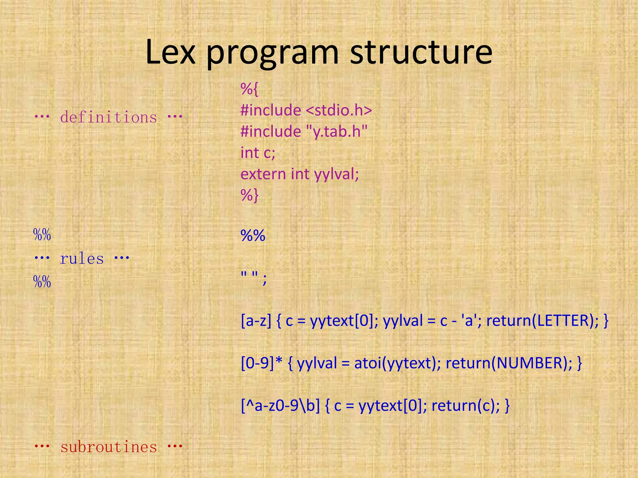 Lex program structure
… definitions …
%%
… rules …
%%
… subroutines …
%{
#include <stdio.h>
#include "y.tab.h"
int c;
extern int yylval;
%}
%%
" " ;
[a-z] { c = yytext[0]; yylval = c - 'a'; return(LETTER); }
[0-9]* { yylval = atoi(yytext); return(NUMBER); }
[^a-z0-9b] { c = yytext[0]; return(c); }
 