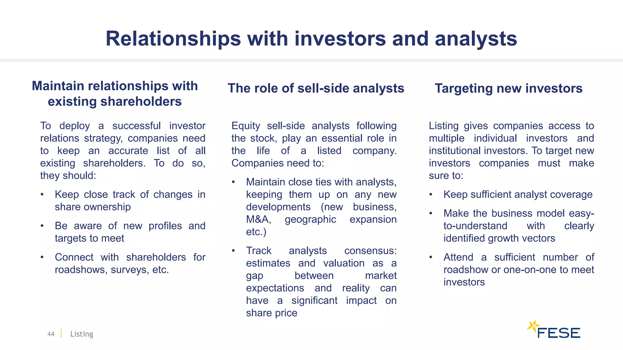 The role of sell-side analysts
Equity sell-side analysts following
the stock, play an essential role in
the life of a listed company.
Companies need to:
• Maintain close ties with analysts,
keeping them up on any new
developments (new business,
M&A, geographic expansion
etc.)
• Track analysts consensus:
estimates and valuation as a
gap between market
expectations and reality can
have a significant impact on
share price
Targeting new investors
Listing gives companies access to
multiple individual investors and
institutional investors. To target new
investors companies must make
sure to:
• Keep sufficient analyst coverage
• Make the business model easy-
to-understand with clearly
identified growth vectors
• Attend a sufficient number of
roadshow or one-on-one to meet
investors
Relationships with investors and analysts
44
Maintain relationships with
existing shareholders
To deploy a successful investor
relations strategy, companies need
to keep an accurate list of all
existing shareholders. To do so,
they should:
• Keep close track of changes in
share ownership
• Be aware of new profiles and
targets to meet
• Connect with shareholders for
roadshows, surveys, etc.
Listing
 