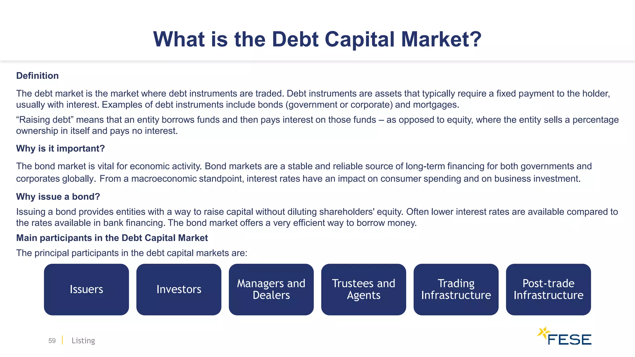 Issuers Investors
Managers and
Dealers
Trustees and
Agents
Trading
Infrastructure
Post-trade
Infrastructure
What is the Debt Capital Market?
Definition
The debt market is the market where debt instruments are traded. Debt instruments are assets that typically require a fixed payment to the holder,
usually with interest. Examples of debt instruments include bonds (government or corporate) and mortgages.
“Raising debt” means that an entity borrows funds and then pays interest on those funds – as opposed to equity, where the entity sells a percentage
ownership in itself and pays no interest.
Why is it important?
The bond market is vital for economic activity. Bond markets are a stable and reliable source of long-term financing for both governments and
corporates globally. From a macroeconomic standpoint, interest rates have an impact on consumer spending and on business investment.
Why issue a bond?
Issuing a bond provides entities with a way to raise capital without diluting shareholders' equity. Often lower interest rates are available compared to
the rates available in bank financing. The bond market offers a very efficient way to borrow money.
Main participants in the Debt Capital Market
The principal participants in the debt capital markets are:
59 Listing
 