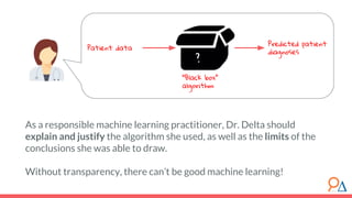 As a responsible machine learning practitioner, Dr. Delta should
explain and justify the algorithm she used, as well as the limits of the
conclusions she was able to draw.
Without transparency, there can’t be good machine learning!
Patient data
Predicted patient
diagnoses
“Black box”
algorithm
?
 