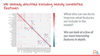 We already discussed excluding heavily correlated
features.
What else can we do to
improve what features
we include in the
model?
We can look at a few of
our most interesting
features in depth.
 