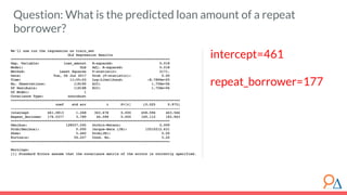 Question: What is the predicted loan amount of a repeat
borrower?
intercept=461
repeat_borrower=177
 