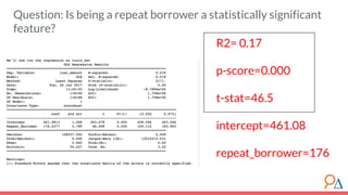 Question: Is being a repeat borrower a statistically significant
feature?
R2= 0.17
p-score=0.000
t-stat=46.5
intercept=461.08
repeat_borrower=176
 