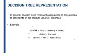 DECISION TREE REPRESENTATION
• In general, decision trees represent a disjunction of conjunctions
of constraints on the attribute values of instances
• Example –
 