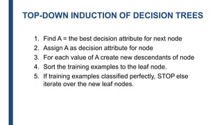 TOP-DOWN INDUCTION OF DECISION TREES
1. Find A = the best decision attribute for next node
2. Assign A as decision attribute for node
3. For each value of A create new descendants of node
4. Sort the training examples to the leaf node.
5. If training examples classified perfectly, STOP else
iterate over the new leaf nodes.
 