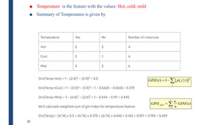 ■ Temperature is the feature with the values: Hot, cold, mild
■ Summary of Temperature is given by
32



j
t
j
p
t
GINI 2
)]
|
(
[
1
)
(



k
i
i
split i
GINI
n
n
GINI
1
)
(
 