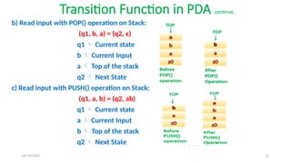 04/29/2025 12
Transition Function in PDA continue..
b) Read input with POP() operation on Stack:
(q1, b, a) = (q2, ϵ)
q1  Current state
b  Current Input
a  Top of the stack
q2  Next State
c) Read input with PUSH() operation on Stack:
(q1, a, b) = (q2, ab)
q1  Current state
a  Current Input
b  Top of the stack
q2  Next State
 