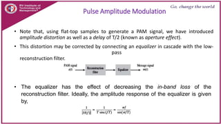 Pulse Amplitude Modulation
• Note that, using flat-top samples to generate a PAM signal, we have introduced
amplitude distortion as well as a delay of T/2 (known as aperture effect).
• This distortion may be corrected by connecting an equalizer in cascade with the low-
pass
reconstruction filter.
• The equalizer has the effect of decreasing the in-band loss of the
reconstruction filter. Ideally, the amplitude response of the equalizer is given
by,
 