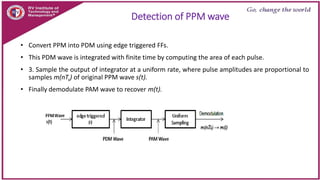 Detection of PPM wave
• Convert PPM into PDM using edge triggered FFs.
• This PDM wave is integrated with finite time by computing the area of each pulse.
• 3. Sample the output of integrator at a uniform rate, where pulse amplitudes are proportional to
samples m(nTs) of original PPM wave s(t).
• Finally demodulate PAM wave to recover m(t).
 