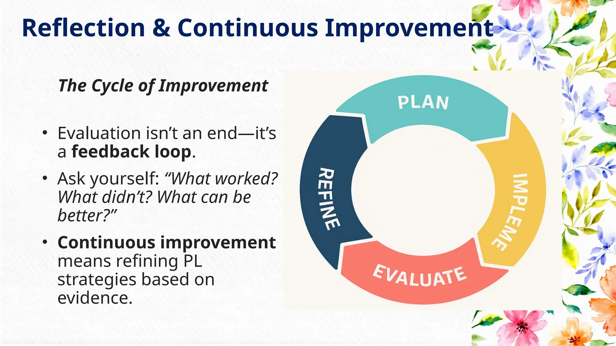Reflection & Continuous Improvement
The Cycle of Improvement
• Evaluation isn’t an end—it’s
a feedback loop.
• Ask yourself: “What worked?
What didn’t? What can be
better?”
• Continuous improvement
means refining PL
strategies based on
evidence.
 