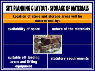 Location of store and storage areas will be
determined by:
availability of space nature of the materials
statutory requirementssuitable off loading
areas and lifting
equipment
 