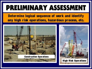 Construction Operations
High Risk Operations
Determine logical sequence of work and identify
any high risk operations, hazardous process, etc.
 