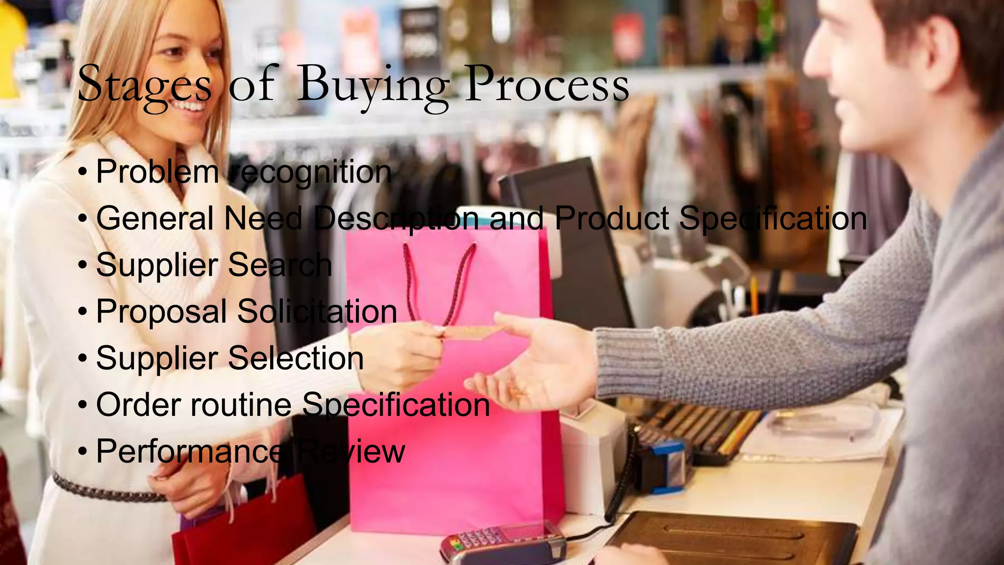 Stages of Buying Process
• Problem recognition
• General Need Description and Product Specification
• Supplier Search
• Proposal Solicitation
• Supplier Selection
• Order routine Specification
• Performance Review
 