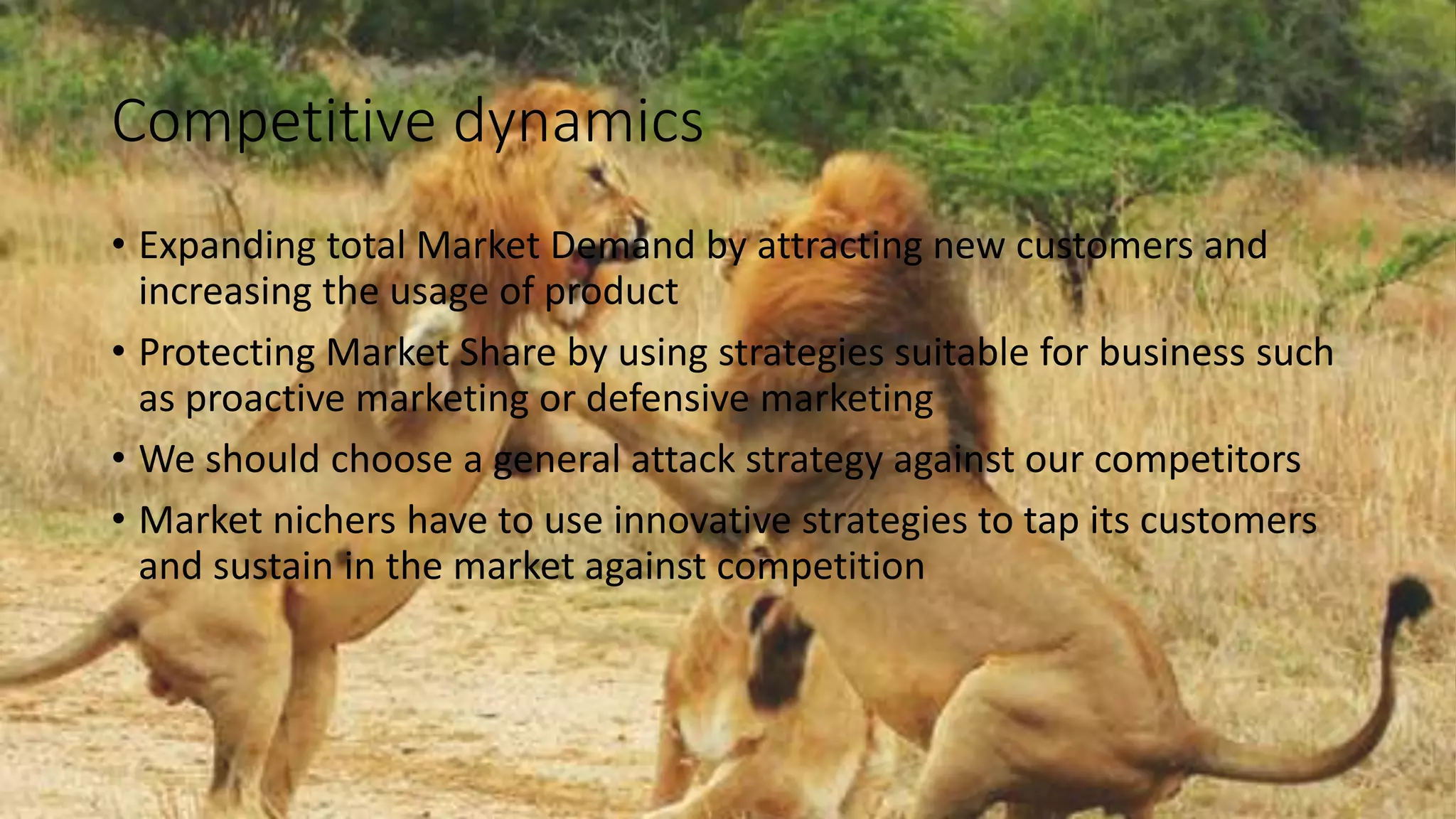Competitive dynamics
• Expanding total Market Demand by attracting new customers and
increasing the usage of product
• Protecting Market Share by using strategies suitable for business such
as proactive marketing or defensive marketing
• We should choose a general attack strategy against our competitors
• Market nichers have to use innovative strategies to tap its customers
and sustain in the market against competition
 