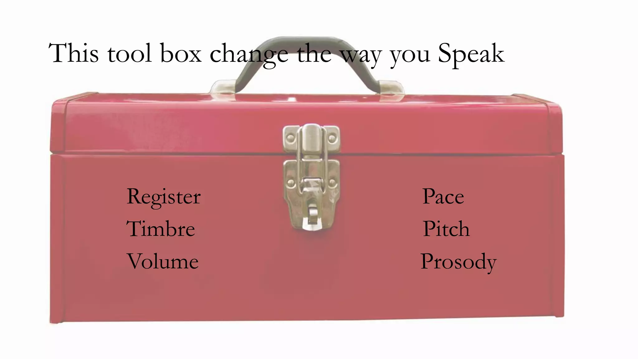 This tool box change the way you Speak
Register Pace
Timbre Pitch
Volume Prosody
 