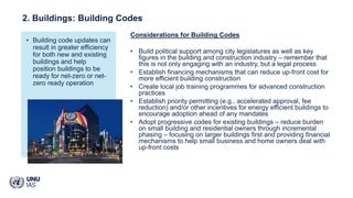 Considerations for Building Codes
• Build political support among city legislatures as well as key
figures in the building...