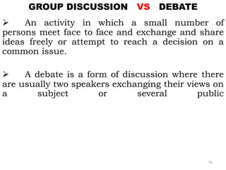 GROUP DISCUSSION VS DEBATE
 An activity in which a small number of
persons meet face to face and exchange and share
ideas freely or attempt to reach a decision on a
common issue.
 A debate is a form of discussion where there
are usually two speakers exchanging their views on
a subject or several public
55
 
