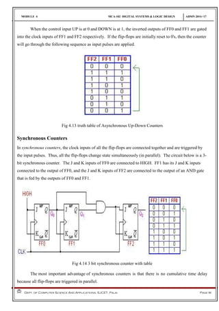 MODULE 4 MCA-102 DIGITAL SYSTEMS & LOGIC DESIGN ADMN 2014-‘17
Dept. of Computer Science And Applications, SJCET, Palai Page 86
When the control input UP is at 0 and DOWN is at 1, the inverted outputs of FF0 and FF1 are gated
into the clock inputs of FF1 and FF2 respectively. If the flip-flops are initially reset to 0's, then the counter
will go through the following sequence as input pulses are applied.
Fig 4.13 truth table of Asynchronous Up-Down Counters
Synchronous Counters
In synchronous counters, the clock inputs of all the flip-flops are connected together and are triggered by
the input pulses. Thus, all the flip-flops change state simultaneously (in parallel). The circuit below is a 3-
bit synchronous counter. The J and K inputs of FF0 are connected to HIGH. FF1 has its J and K inputs
connected to the output of FF0, and the J and K inputs of FF2 are connected to the output of an AND gate
that is fed by the outputs of FF0 and FF1.
Fig 4.14 3 bit synchronous counter with table
The most important advantage of synchronous counters is that there is no cumulative time delay
because all flip-flops are triggered in parallel.
 