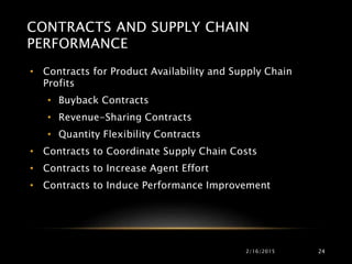 CONTRACTS AND SUPPLY CHAIN
PERFORMANCE
• Contracts for Product Availability and Supply Chain
Profits
• Buyback Contracts
• Revenue-Sharing Contracts
• Quantity Flexibility Contracts
• Contracts to Coordinate Supply Chain Costs
• Contracts to Increase Agent Effort
• Contracts to Induce Performance Improvement
2/16/2015 24
 