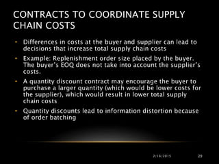 CONTRACTS TO COORDINATE SUPPLY
CHAIN COSTS
• Differences in costs at the buyer and supplier can lead to
decisions that increase total supply chain costs
• Example: Replenishment order size placed by the buyer.
The buyer’s EOQ does not take into account the supplier’s
costs.
• A quantity discount contract may encourage the buyer to
purchase a larger quantity (which would be lower costs for
the supplier), which would result in lower total supply
chain costs
• Quantity discounts lead to information distortion because
of order batching
2/16/2015 29
 