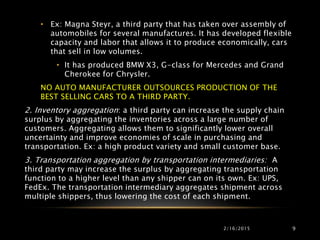 2/16/2015 9
• Ex: Magna Steyr, a third party that has taken over assembly of
automobiles for several manufactures. It has developed flexible
capacity and labor that allows it to produce economically, cars
that sell in low volumes.
• It has produced BMW X3, G-class for Mercedes and Grand
Cherokee for Chrysler.
NO AUTO MANUFACTURER OUTSOURCES PRODUCTION OF THE
BEST SELLING CARS TO A THIRD PARTY.
2. Inventory aggregation: a third party can increase the supply chain
surplus by aggregating the inventories across a large number of
customers. Aggregating allows them to significantly lower overall
uncertainty and improve economies of scale in purchasing and
transportation. Ex: a high product variety and small customer base.
3. Transportation aggregation by transportation intermediaries: A
third party may increase the surplus by aggregating transportation
function to a higher level than any shipper can on its own. Ex: UPS,
FedEx. The transportation intermediary aggregates shipment across
multiple shippers, thus lowering the cost of each shipment.
 