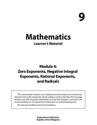 Grade 9 Math Module 4 - Zero Exponents, Negative Integral Exponents, Rational Exponents, and Radicals