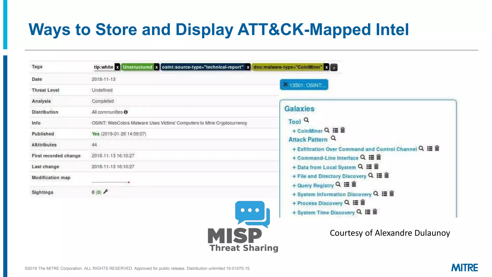 Ways to Store and Display ATT&CK-Mapped Intel
Courtesy of Alexandre Dulaunoy
©2019 The MITRE Corporation. ALL RIGHTS RESERVED Approved for public release. Distribution unlimited 19-01075-15.
 