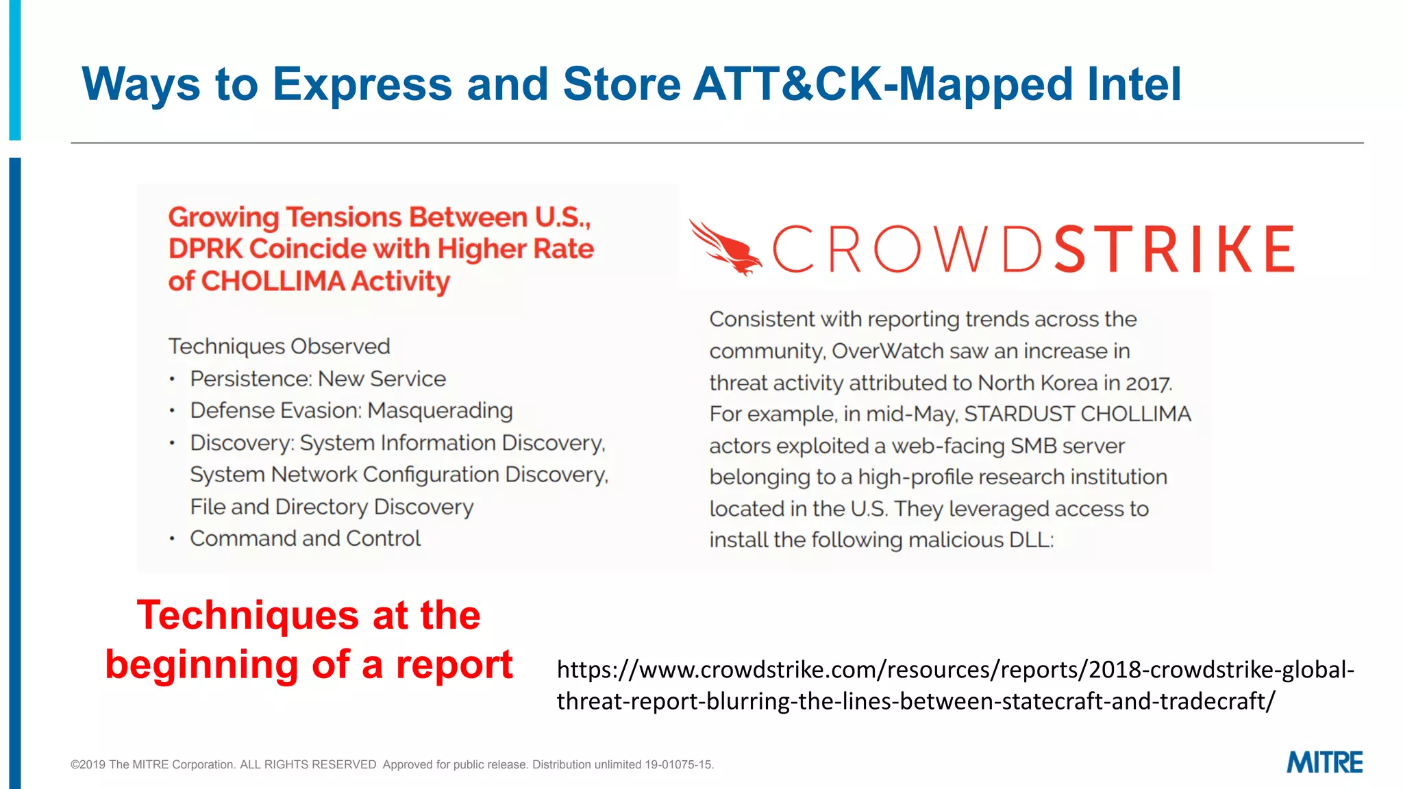 Ways to Express and Store ATT&CK-Mapped Intel
https://www.crowdstrike.com/resources/reports/2018-crowdstrike-global-
threat-report-blurring-the-lines-between-statecraft-and-tradecraft/
©2019 The MITRE Corporation. ALL RIGHTS RESERVED Approved for public release. Distribution unlimited 19-01075-15.
Techniques at the
beginning of a report
 