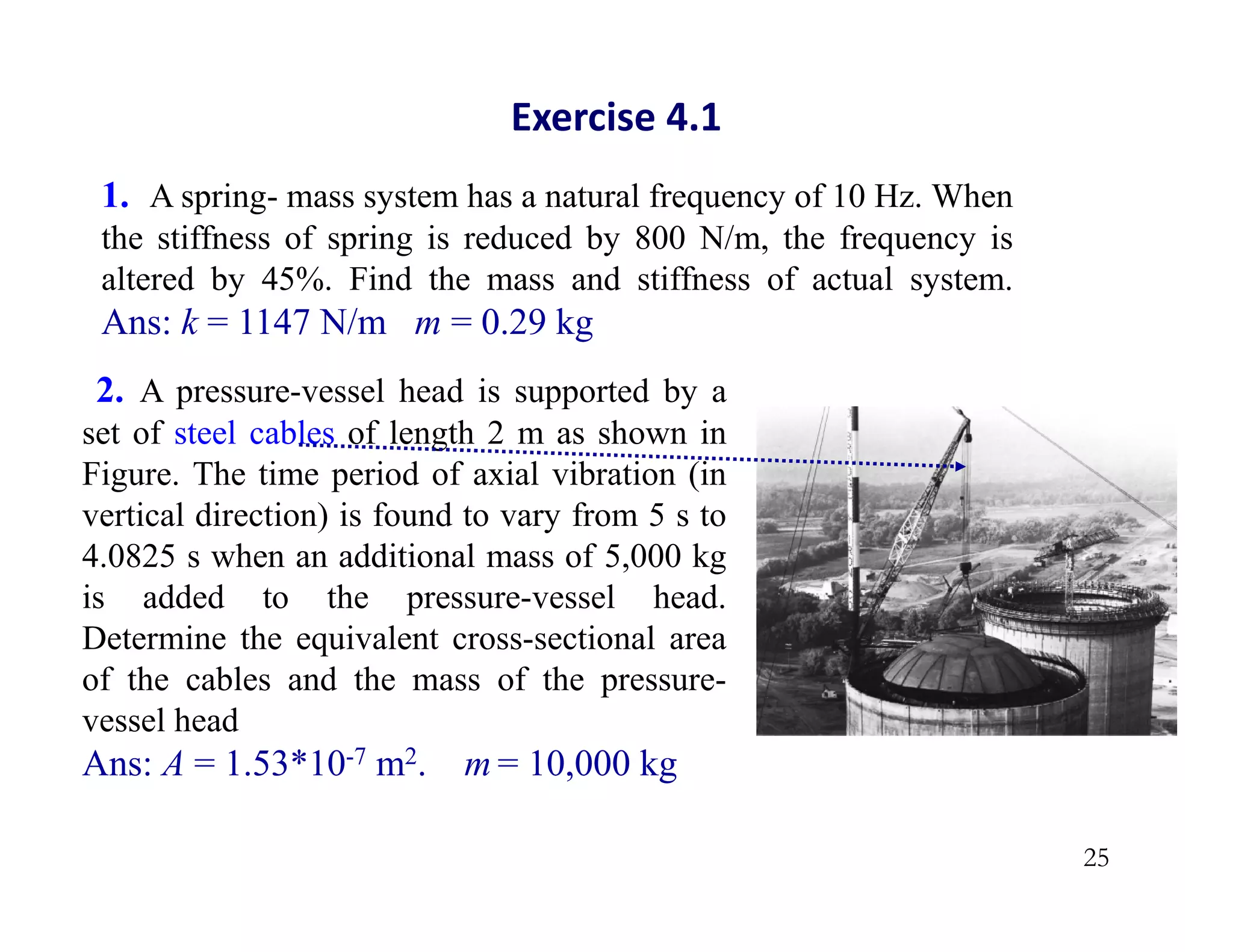 25
1. A spring- mass system has a natural frequency of 10 Hz. When
the stiffness of spring is reduced by 800 N/m, the frequency is
altered by 45%. Find the mass and stiffness of actual system.
Ans: k = 1147 N/m m = 0.29 kg
2. A pressure-vessel head is supported by a
set of steel cables of length 2 m as shown in
Figure. The time period of axial vibration (in
vertical direction) is found to vary from 5 s to
4.0825 s when an additional mass of 5,000 kg
is added to the pressure-vessel head.
Determine the equivalent cross-sectional area
of the cables and the mass of the pressure-
vessel head
Ans: A = 1.53*10-7 m2. m = 10,000 kg
Exercise 4.1
 