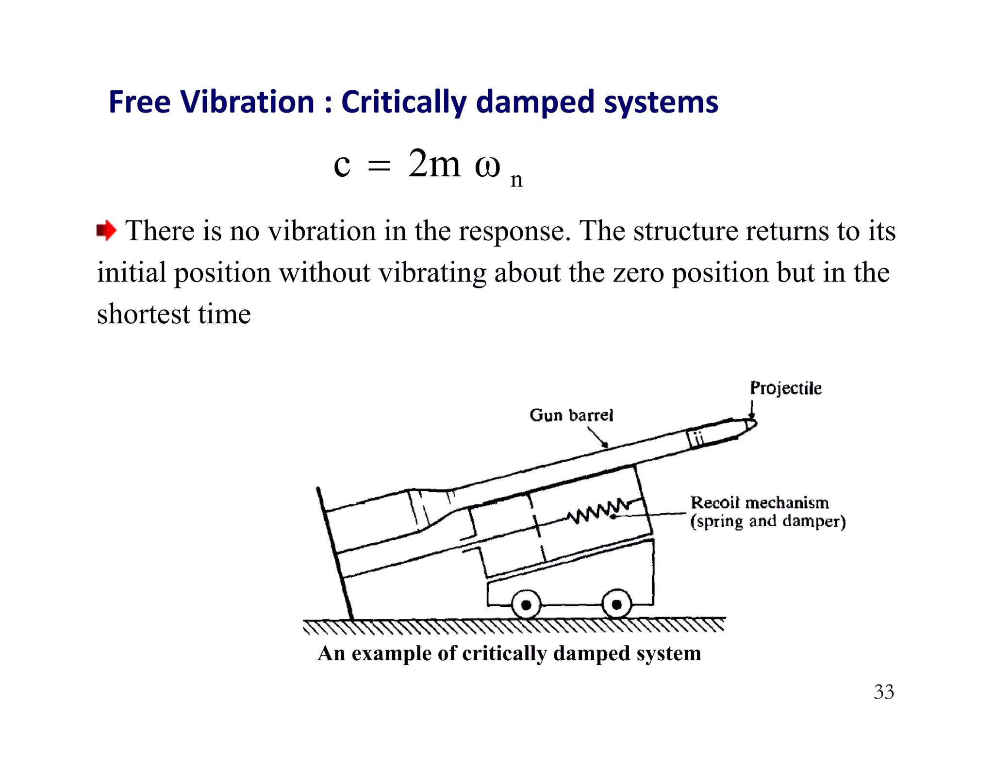 33
n
2m ω
c 
Free Vibration : Critically damped systems
There is no vibration in the response. The structure returns to its
initial position without vibrating about the zero position but in the
shortest time
An example of critically damped system
 