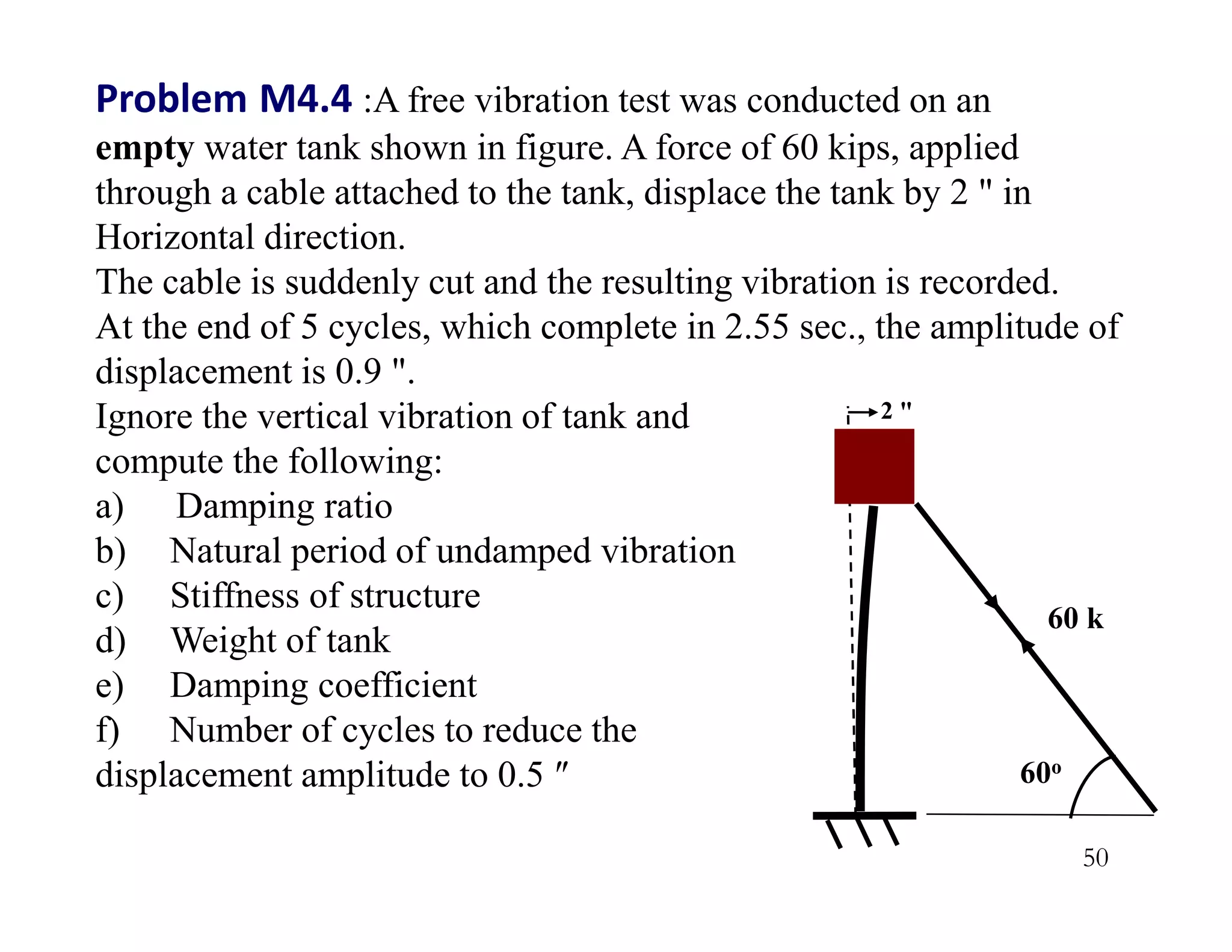 50
Problem M4.4 :A free vibration test was conducted on an
empty water tank shown in figure. A force of 60 kips, applied
through a cable attached to the tank, displace the tank by 2 " in
Horizontal direction.
The cable is suddenly cut and the resulting vibration is recorded.
At the end of 5 cycles, which complete in 2.55 sec., the amplitude of
displacement is 0.9 ".
Ignore the vertical vibration of tank and
compute the following:
a) Damping ratio
b) Natural period of undamped vibration
c) Stiffness of structure
d) Weight of tank
e) Damping coefficient
f) Number of cycles to reduce the
displacement amplitude to 0.5 ″
60 k
2 "
60o
 