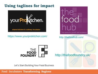 Using taglines for impact
https://www.yourprokitchen.com/ http://thefoodhub.com/
http://thefoodfoundry.uk/
 