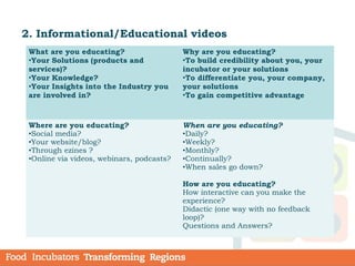 2. Informational/Educational videos
What are you educating?
•Your Solutions (products and
services)?
•Your Knowledge?
•Your Insights into the Industry you
are involved in?
Why are you educating?
•To build credibility about you, your
incubator or your solutions
•To differentiate you, your company,
your solutions
•To gain competitive advantage
Where are you educating?
•Social media?
•Your website/blog?
•Through ezines ?
•Online via videos, webinars, podcasts?
When are you educating?
•Daily?
•Weekly?
•Monthly?
•Continually?
•When sales go down?
How are you educating?
How interactive can you make the
experience?
Didactic (one way with no feedback
loop)?
Questions and Answers?
 