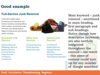 Good example
Main keyword – junk
removal – mentioned
in main heading,
first paragraph and
sub headings.
Notice though how
descriptive keywords
are also tactfully
integrated
throughout the
content – the result
- this piece of
content could turn
up for any number
of Google searches!
 